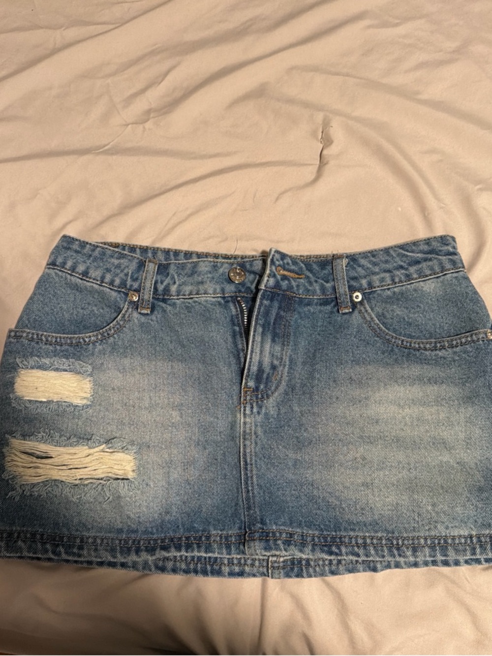 Edikted Light Blue Distressed Denim Mini Skirt